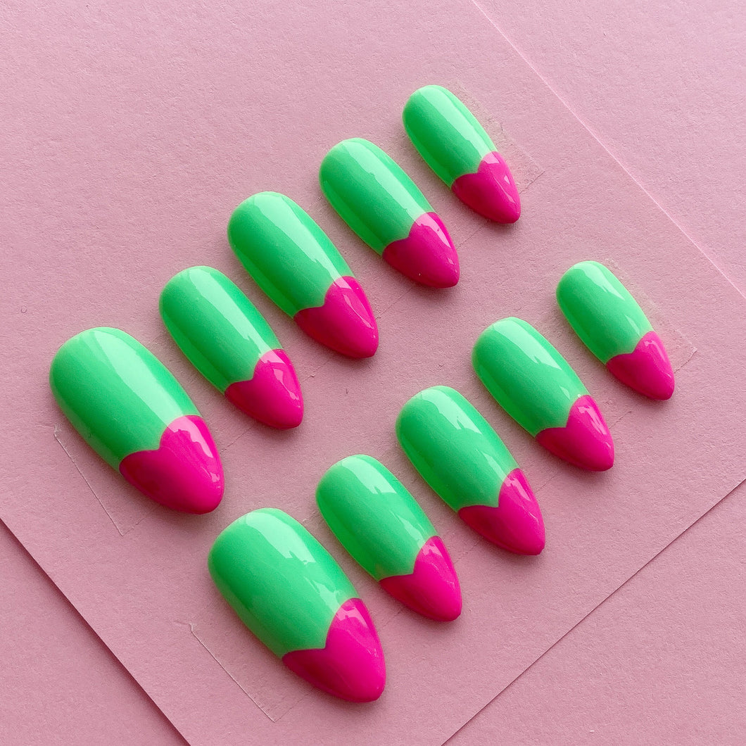 Green & Pink Heart Tip Press On Nails